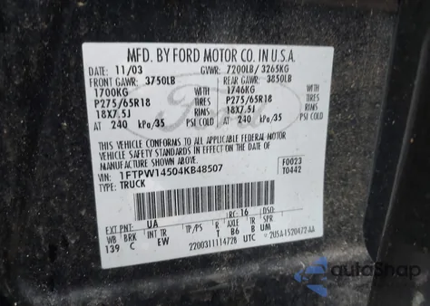 2004 Ford F-150 Fx4/Lariat/Xlt z USA, uszkodzony, nr VIN 1FTPW14504KB48507